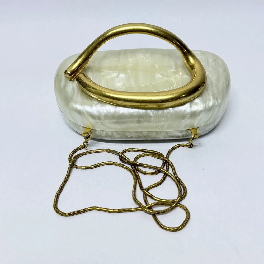 Unbranded Pearl White Marbled Acrylic Clutch Gold Sculptural Handle Minaudiere